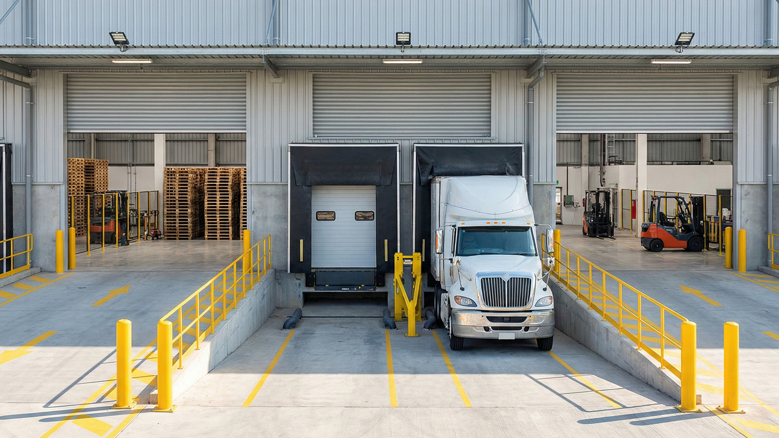 Forklift loading palletized freight at a warehouse dock
